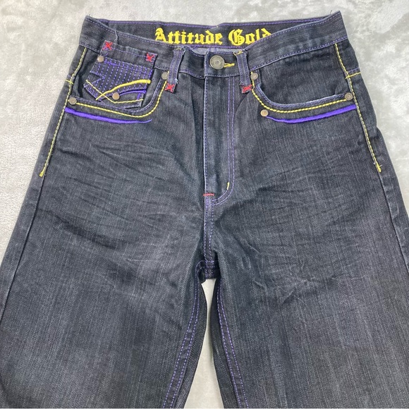 Attitude Gold Denim Jeans Women's 14 Purple Yellow Embroidered Purple Stitching - Picture 3 of 12